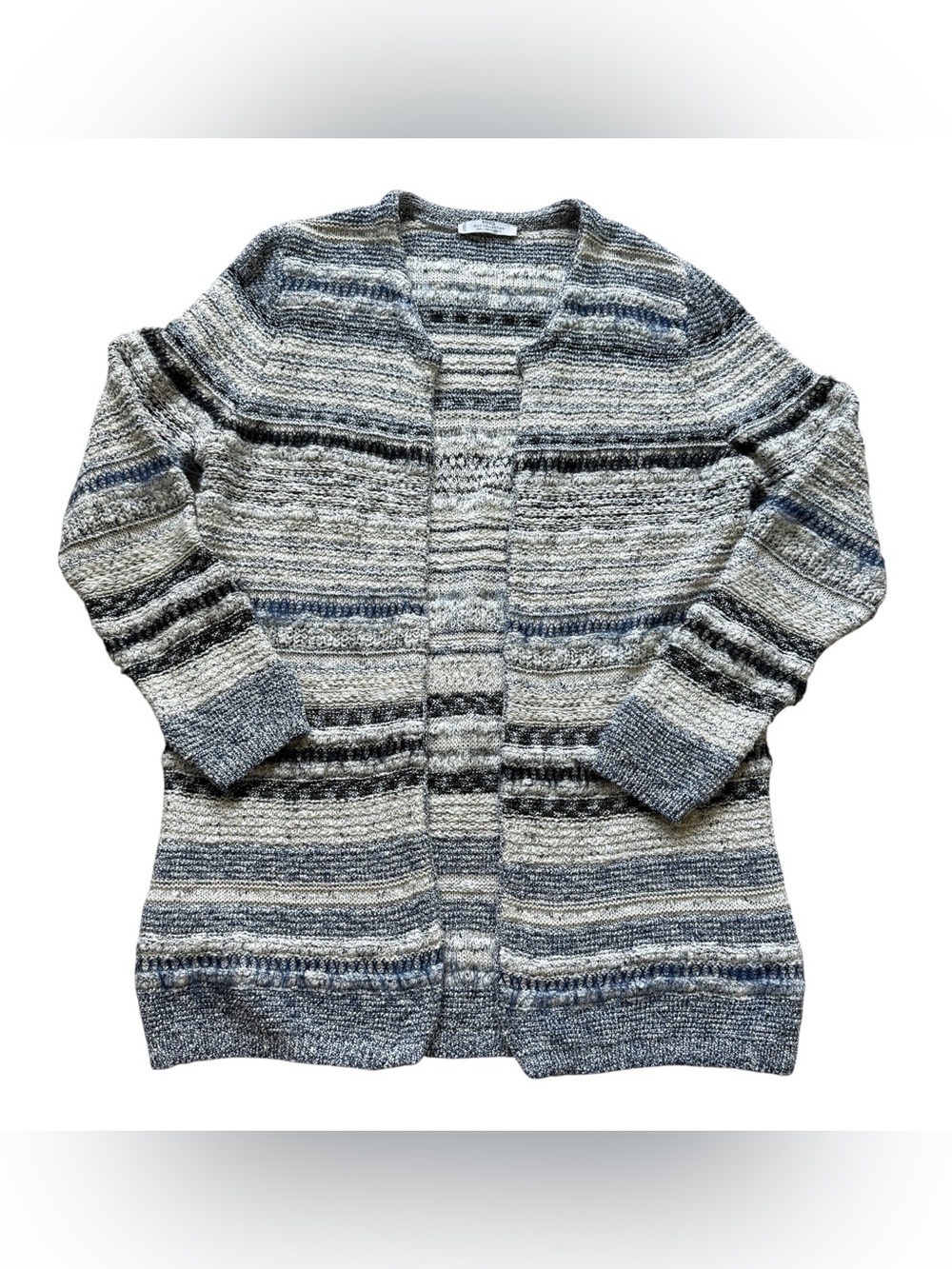 MNG Mango Open Front Marled Knit Cardigan Sweater Blue Cream Boho M Coastal Cozy